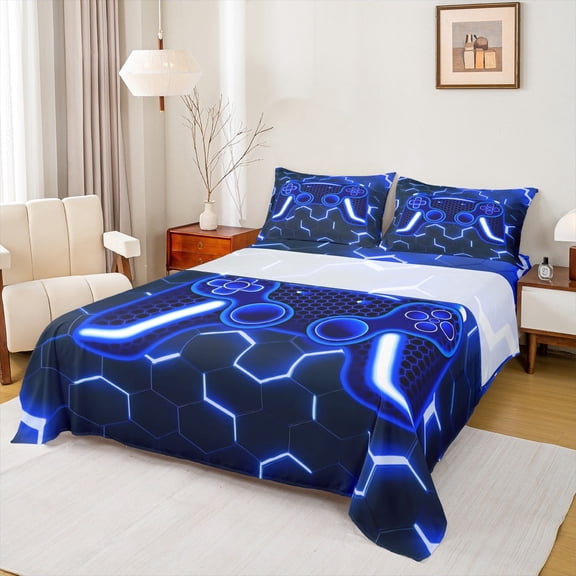 Erosebridal Video Game Sheet Set Twin,Black Blue Bedding Sets Twin Size,Geometric Decoration,Breathable,3pcs