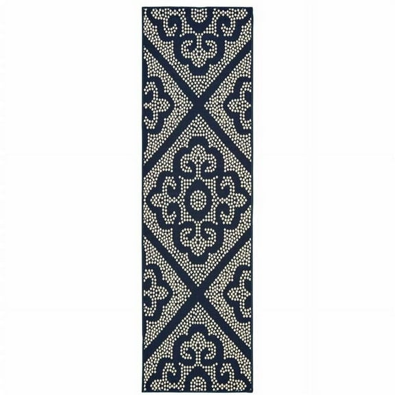 2 x 8 ft. Navy Geometric Stain Resistant Indoor & Outdoor Rectangle Area Rug - Blue and Ivory - 2 x 8 ft.