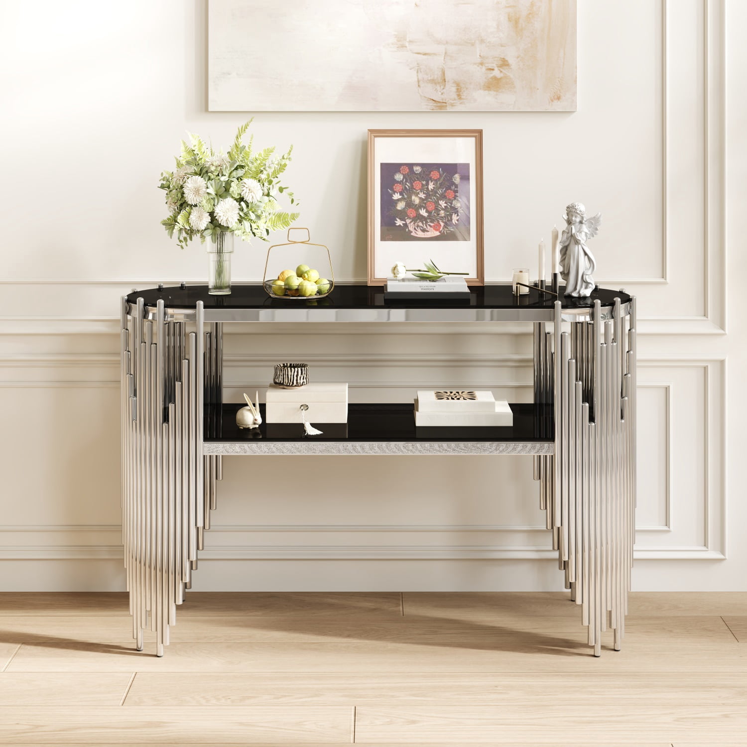 Hommoo Modern Oval Console Table with 2-Tier Tempered Glass Shelves & Polished Stainless Steel Frame, Luxury Entryway Table for Hallway, Living Room, or Behind Sofa, Black & Sliver