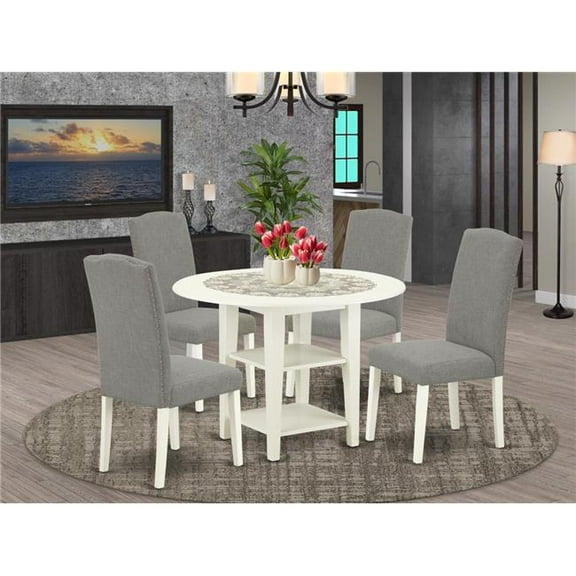 20-42 in. Sudbury Round Dining Room Table with Two 11 in. Drop Leaves & Four Parson Chair with Linen White Leg & Linen Fabric - Dark Shitake, 5 Piece