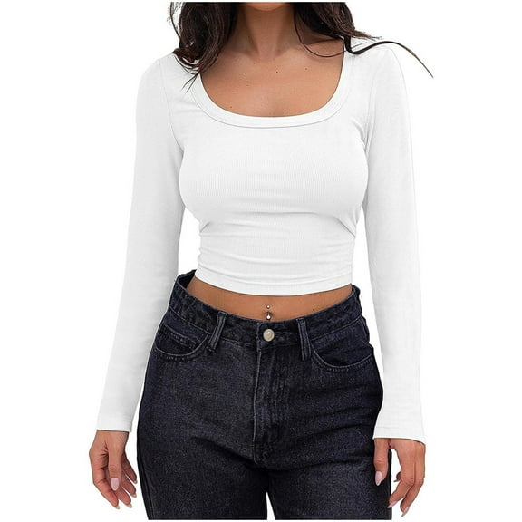 Plebaso Women's Crop Tops Ribbed Long Sleeve T Shirts Square Neck Slim Going out Shirts for Women