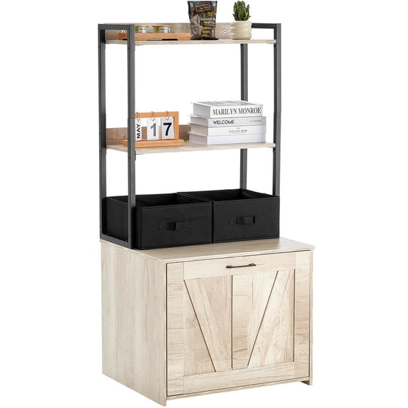 KFFKFF Litter Box Cabinet, Concealed Cat Toilet with Dual Shelves & Baskets, Wood Pet Bathroom for Indoors, Fits Standard Litter Trays, 23.6"L x 19.7"W x 50"H, Natural Finish