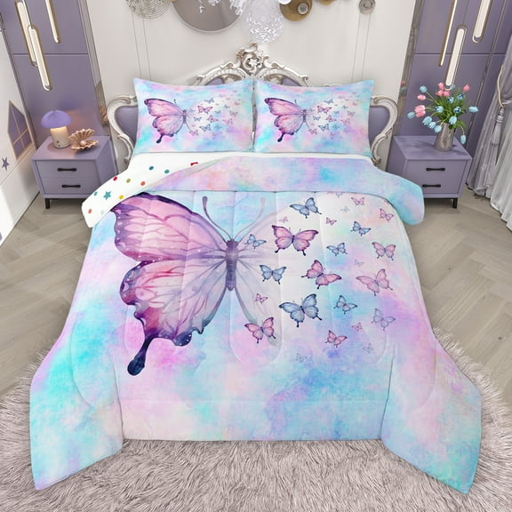 Manfei Blue Pink Butterfly Bedding Comforter Set, Romantic Dreamy Animal Twin Comforter Sets, Teens Girls Kids Female Reversible Bedding Set, Luxury Bedroom Decor, 2pcs