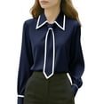 thumbnail image 3 of Dazajoo Women Bow Tie Neck Blouse Long Sleeve Business Casual Shirts Dressy Elegant Office Work Tops,Navy,XXL, 3 of 7