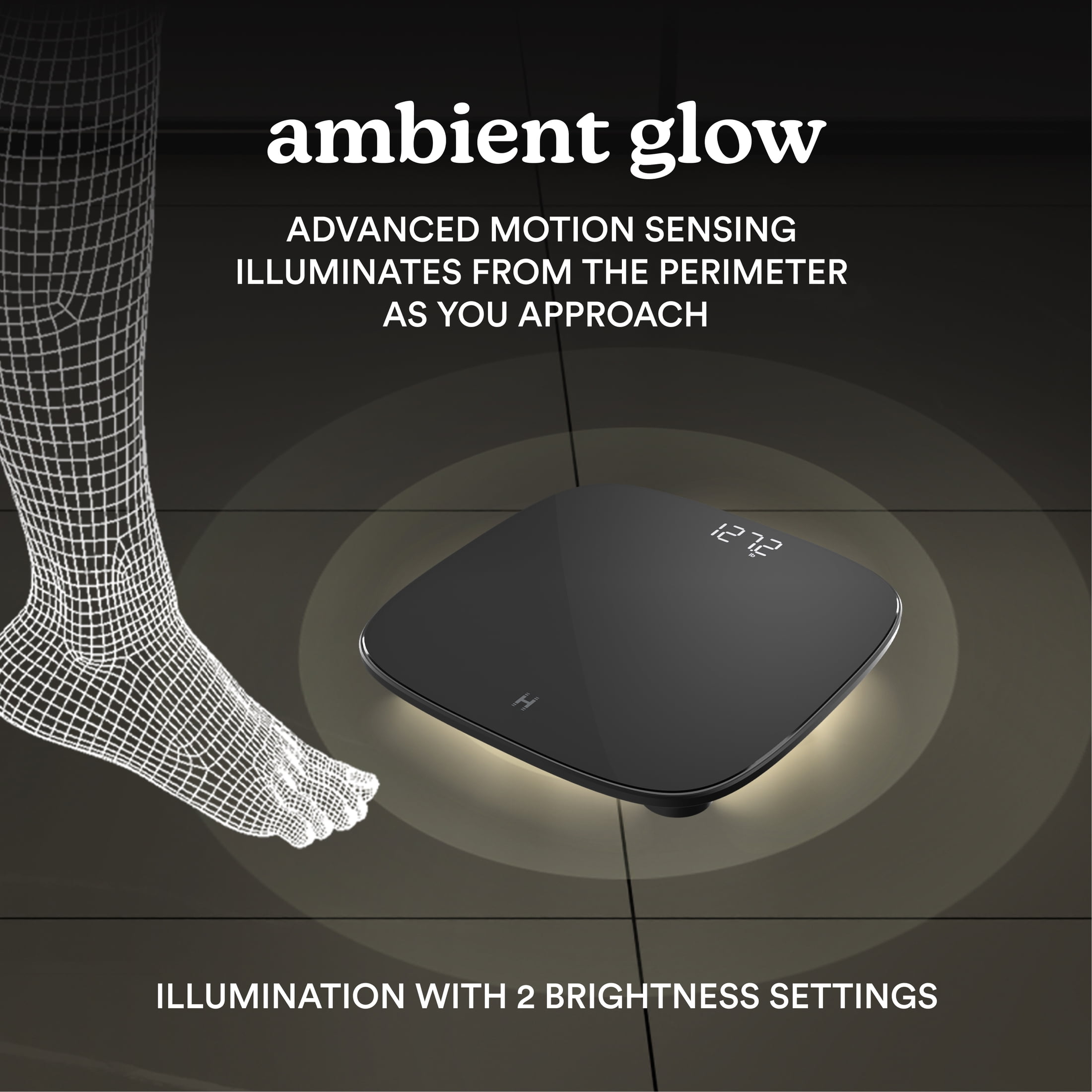 Homedics Essential Glo, Digital Bathroom Scale, Motion-Sensing Ambient Center Illumination, Sleek Tempered Glass, High-Precision Weight Measurement Up to 400 lbs, Sustainable Design, Black