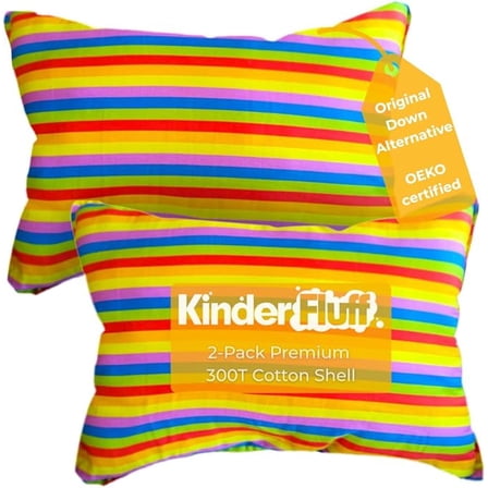 kinder Fluff Children Pillow (2Pk) 13x18in – Small Pillow for Kids Age 2+, Bright Rainbow Design, 100% Cotton Sateen Stripe 300T, Down Alternative Fill, Machine Washable, Colourful Kids Cushion - S