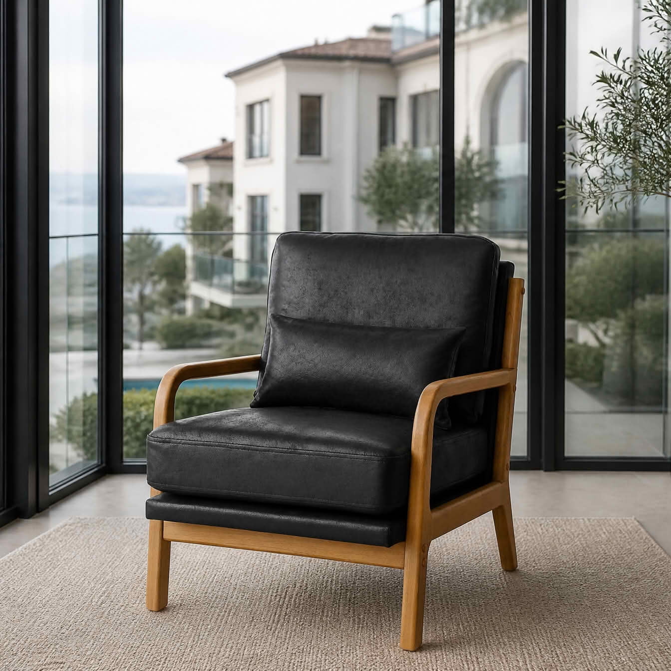 MAYEERTY 26 In Solid Wood Armchair, Curved Armrests, Foil Fabric, Memory Foam, Black, 300 lb