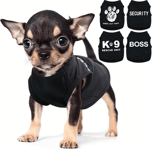 GASTROPOD 4 Pieces Chihuahua Clothes Dog Clothes for Small Dogs Boy Summer Teacup Yorkie Spring Letter Security Pet Shirts Soft Puppy Cloth Tiny Doggie Outfit Pet Cat Clothing Xxs Black