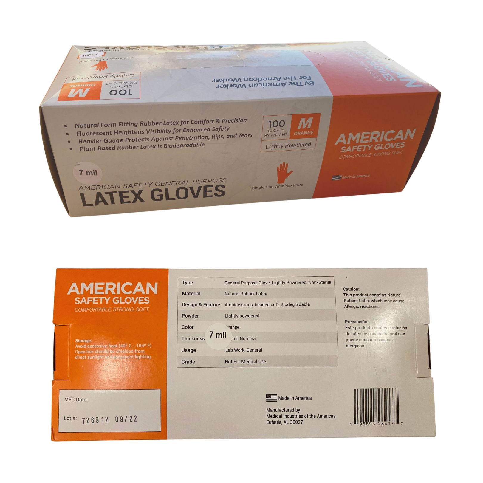 American Safety Glove  Latex Disposable Low Protein Natural Rubber Non-Allergy 7 MIL 100CT Orange Large