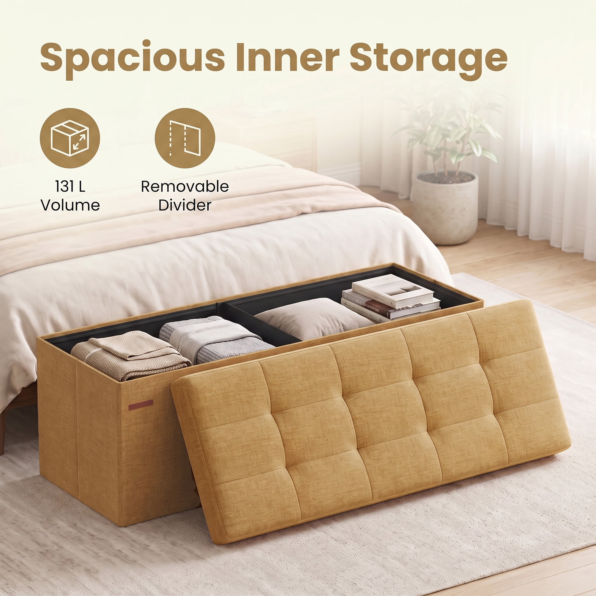 Ledrem 43" Foldable Storage Ottoman Bench, Multi-Functional Seating, Ginger