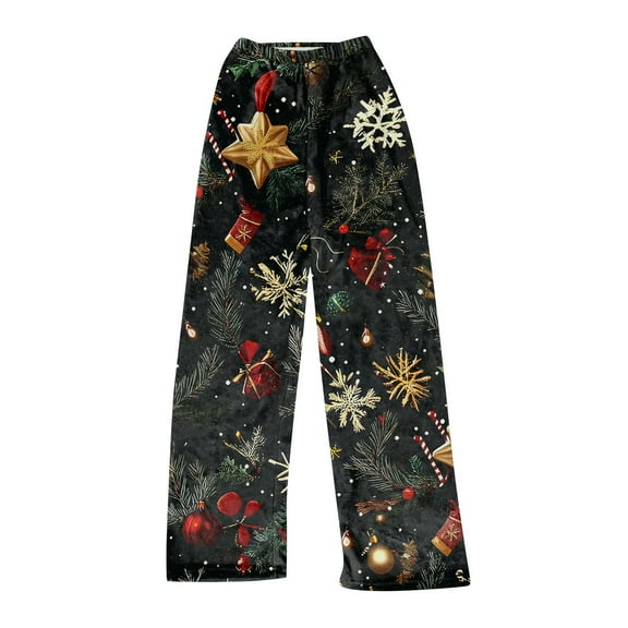 Women's Christmas Printed Plush Pants, Full Length Long Trousers for Winter Casual Wear, Soft and Warm Fleece Material with Festive Design for Women,Black,L