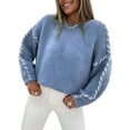 thumbnail image 2 of Females Oversized Sweaters Contrast Stitching Crewneck Sweater Cable Knit Pullover Jumper Pullovers Blue L, 2 of 7