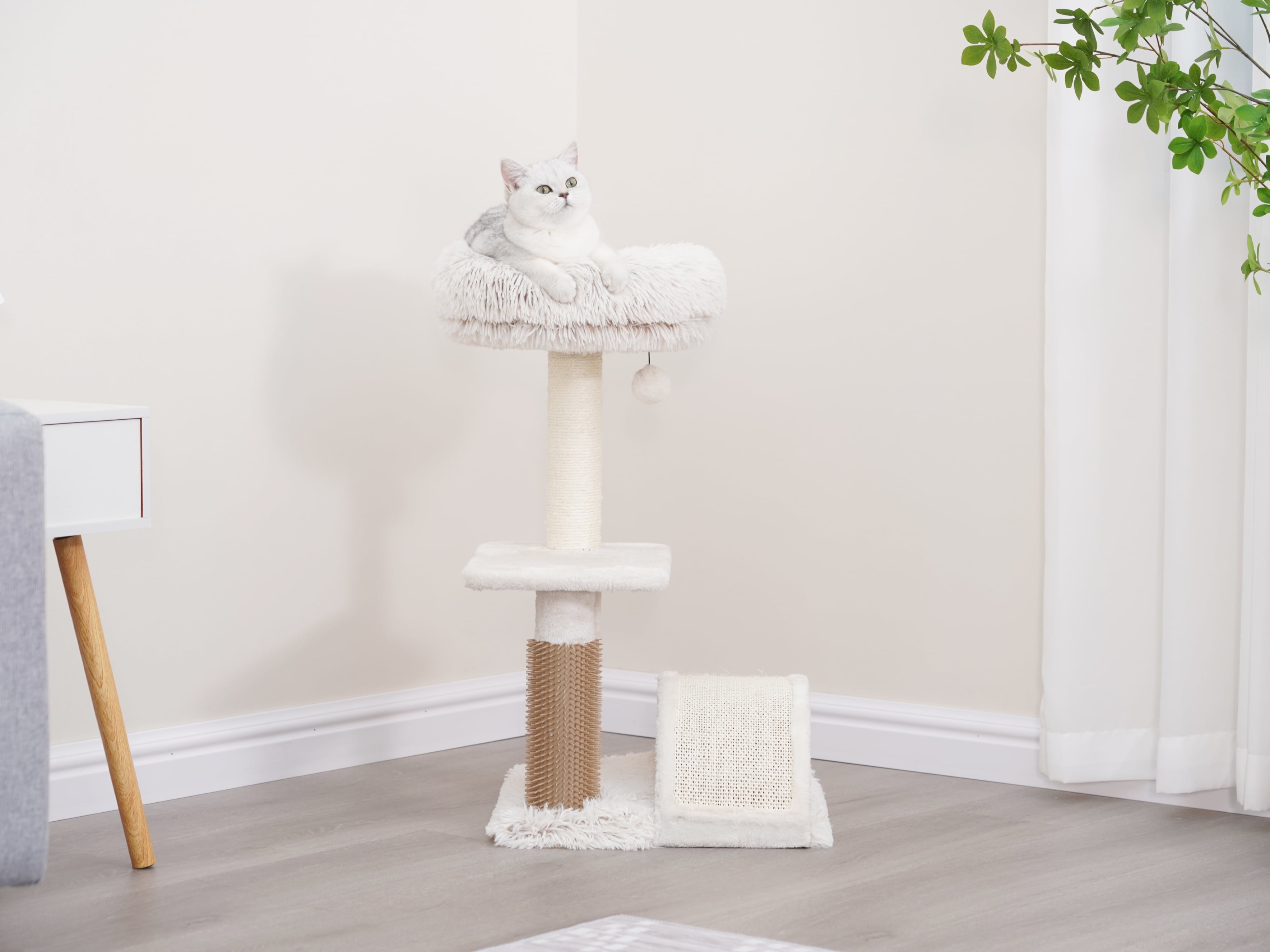Vibrant Life 3-Level 27.8" Tall Cat Tree with Scratching Arc, Full Body Groomer, Cream