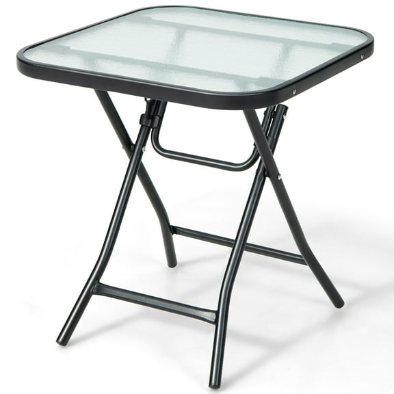 Costway Black Square Metal Folding Glass Side Table Outdoor Bistro Table