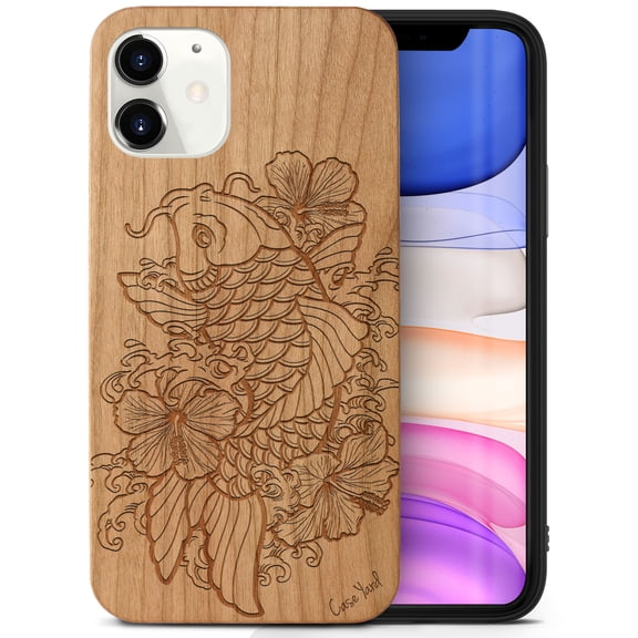 Case Yard Wooden Case Outside Soft TPU Silicone Slim Fit Shockproof Wood Phone Cover for Girls Boys Men and Women Supports Wireless Charging Hibiscus & Koi Fish Design case for iPhone-12-Mini