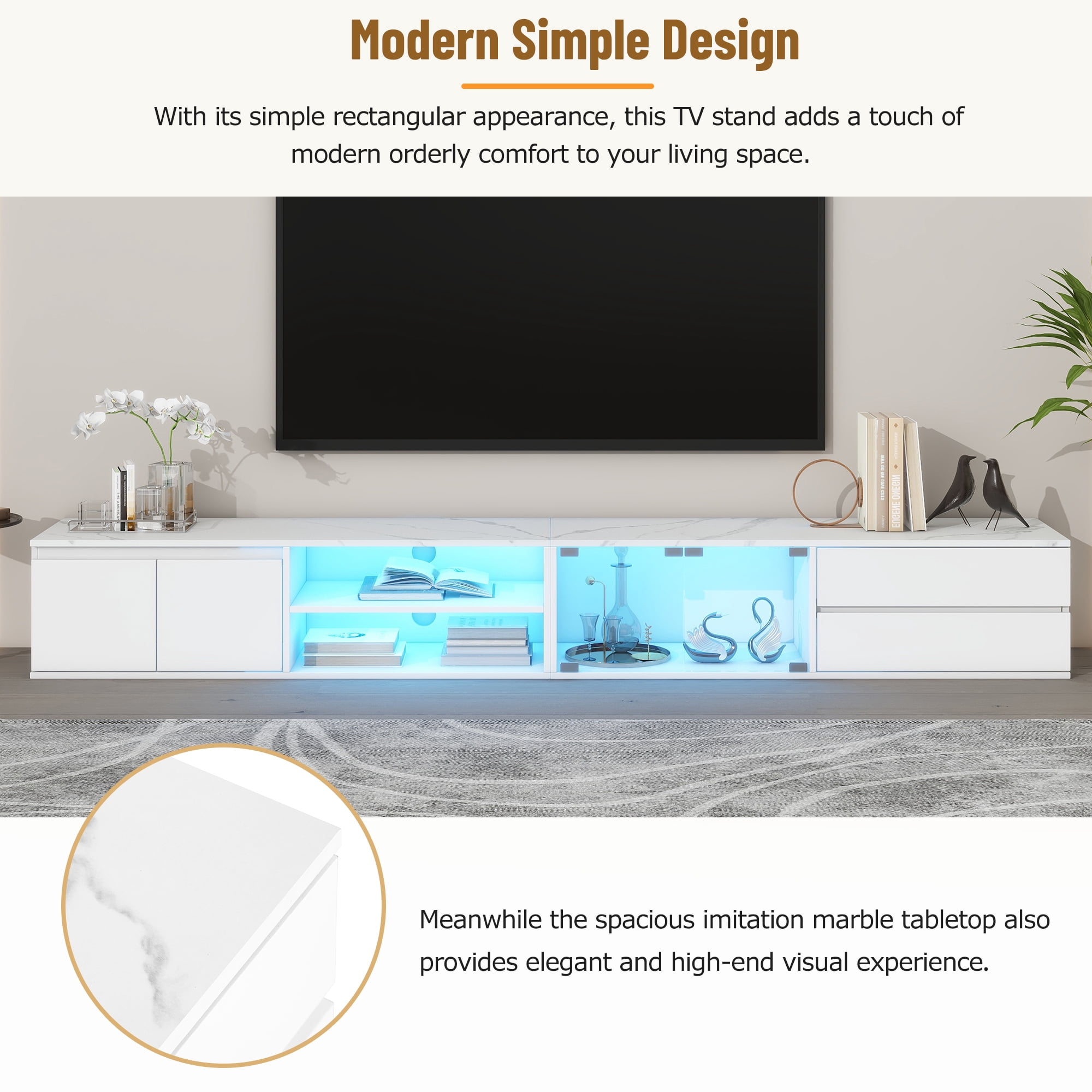 EUROCO 94.5" TV Stand Up to 100/105 inch TV,Modern APP LED TV Stand for Living Room,High Gloss Entertainment Center with Faux Marble Tabletop ,Tempered Glass Doors, 2 Drawers & Cabinets,TV Console