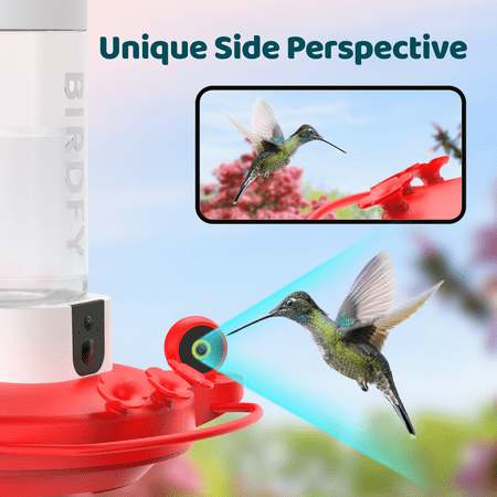 BIRDFY - Smart Hummingbird Feeder, w/Dual HD Cameras, Solar Power, and AI Enabled Bird Recognition - Red and White