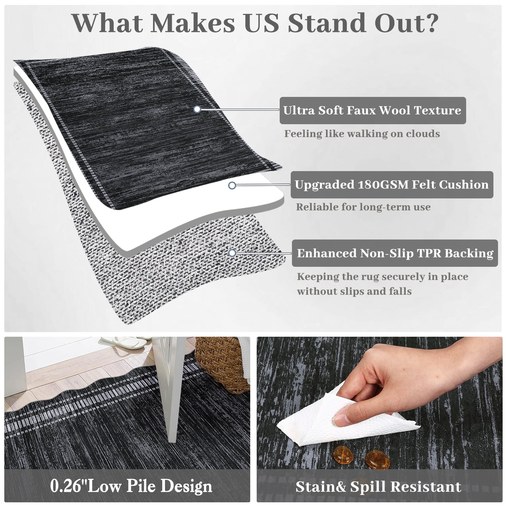Twister.CK Modern 5' x 7' Bordered Area Rug, Washable Irregular Rugs, Non-Slip Carpet for Bedroom Dining Room Home Office, Black