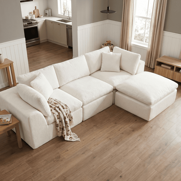 108'' Chenille Sectional Sofa with Ottoman, Modern Boneless Cloud Couch with Deep Seat, 3-Seater L-Shaped Modular Sofa for Living Room, No Assembly Required, Beige