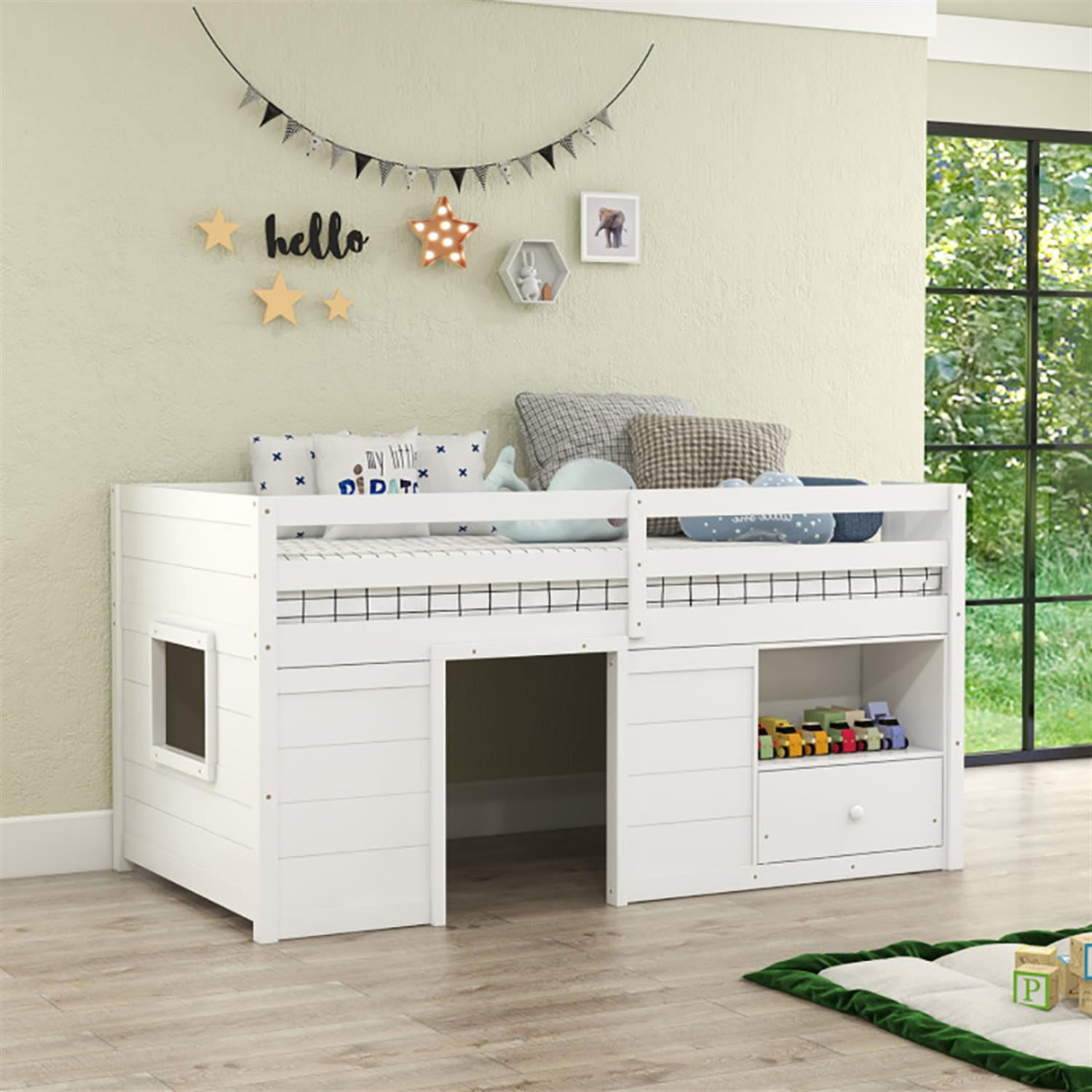 Demi Bonn Twin Size Solid Wood Low Loft Bed with Storage and Drawer for Teens, White