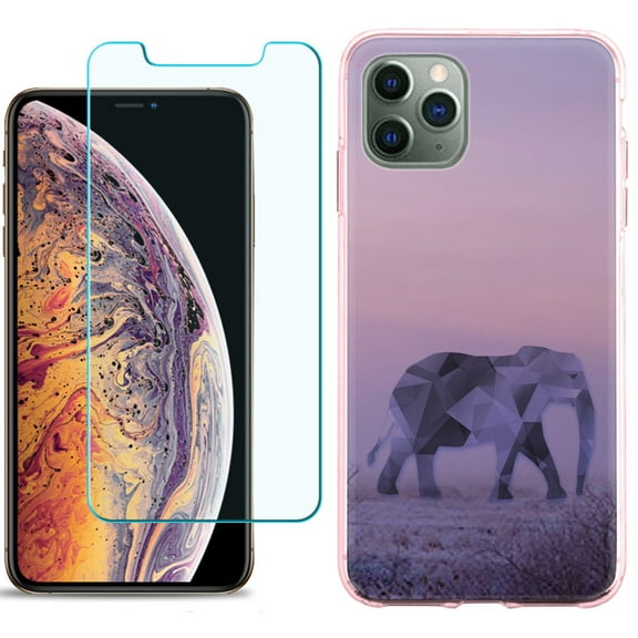 For Apple iPhone 11 PRO Case, Slim-Fit TPU Protective Phone Case (Pink Bezel) with Tempered Glass Screen Protector, by OneToughShield ® - Twilight Elephant