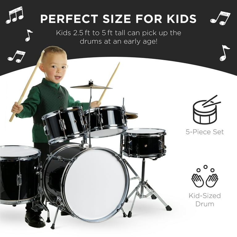 Best Choice Products 5 Piece Kids Beginner Junior Size Drum Set Percussion Instrument Starter Kit w Stool Black
