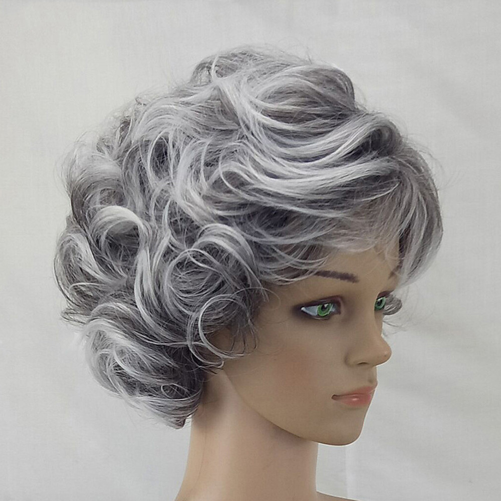 ¡Liquidación 2024! Peluca de cabello humano gris, peluca completa de mujer, rizada, sintética, corta, natural, peluca con banda 4
