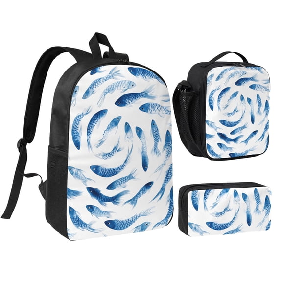 FishPattern Backpack 17 Inch Set with Lunch Bag and CaseDurableTravel Bag Combo for Work Commuting Daily Use