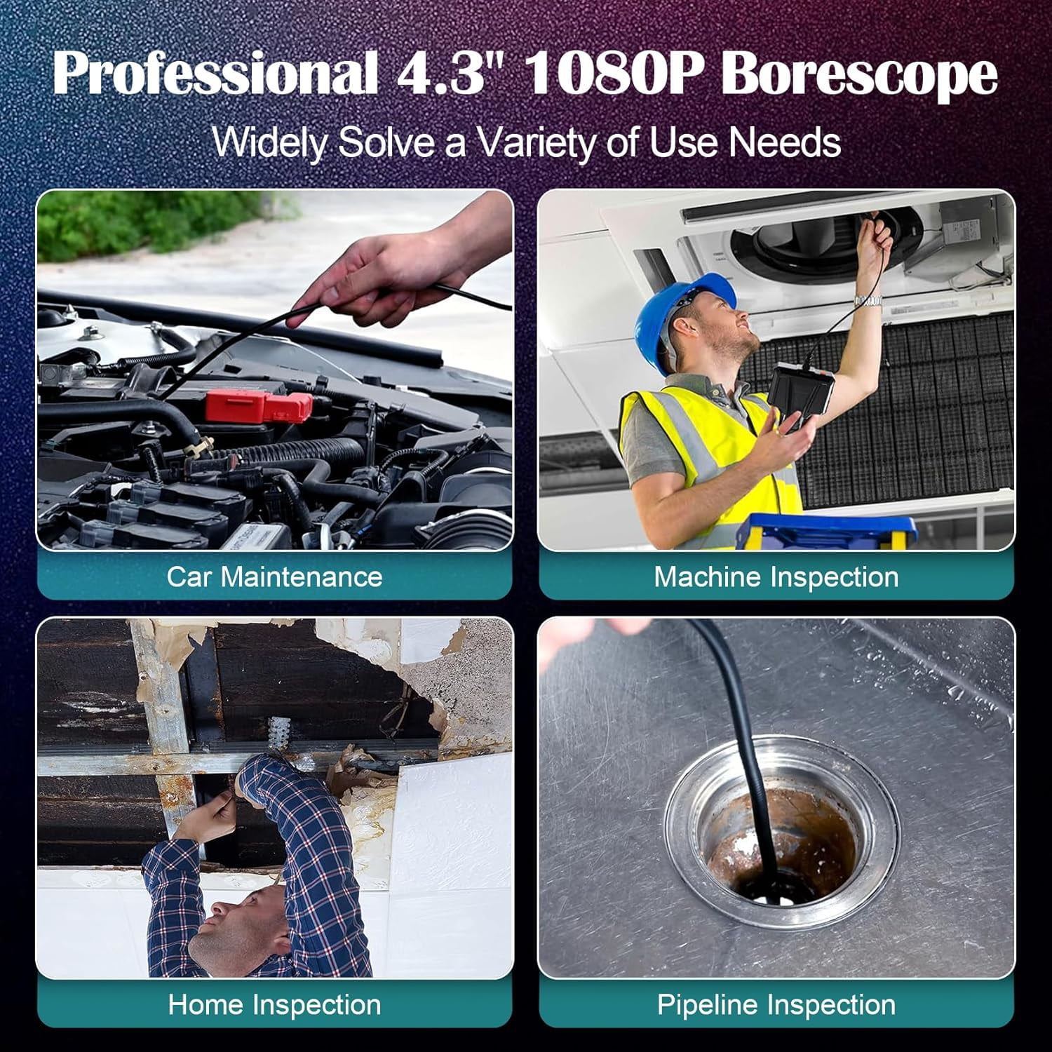 Binazon 4.3" Endoscope Camera, 1080P HD Inspection Camera, 16.5ft Borescope 2000 mAh