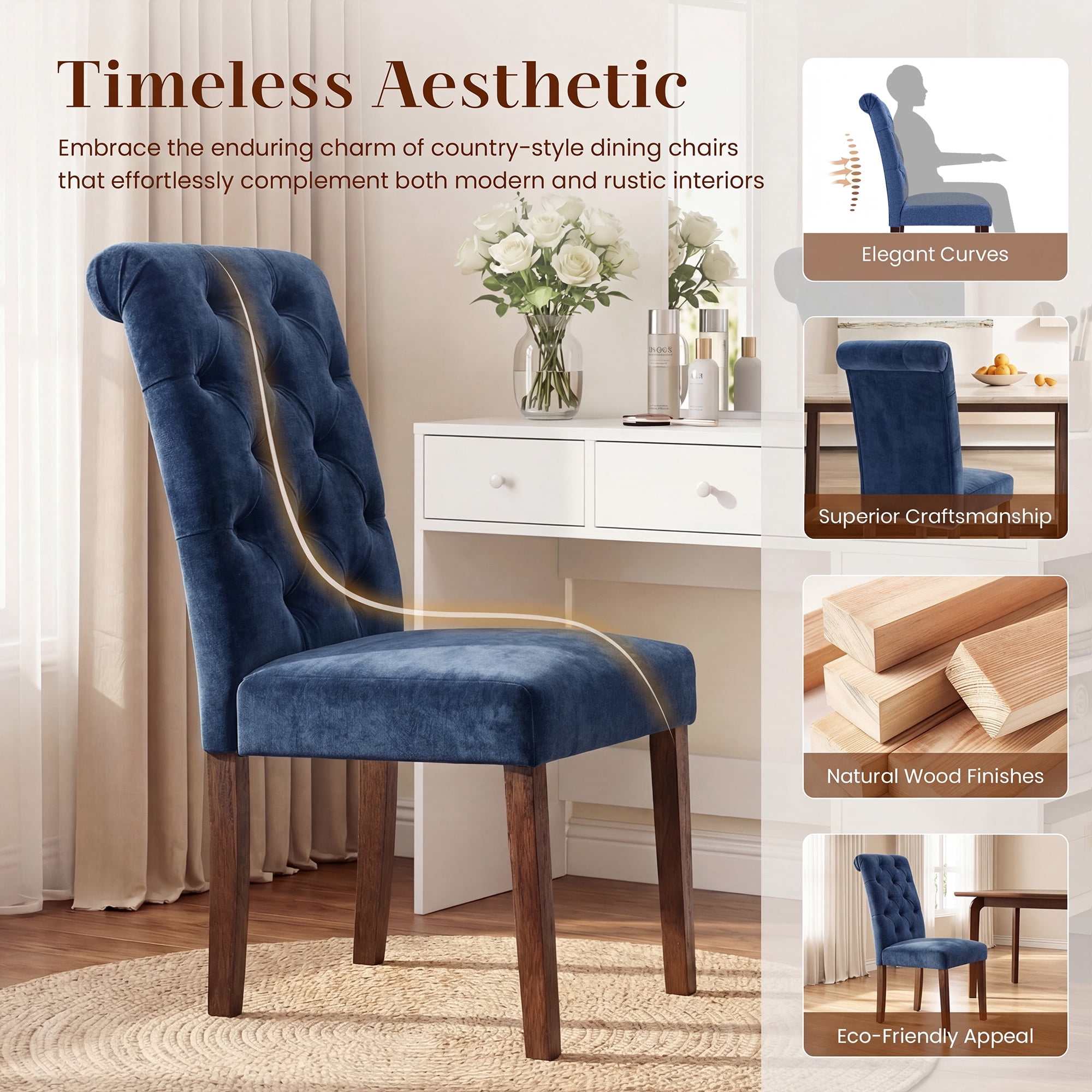 Upholstered Parsons Dining Chairs Set of 4, Button Tufted Kitchen Side Chair for Dining Room, Blue