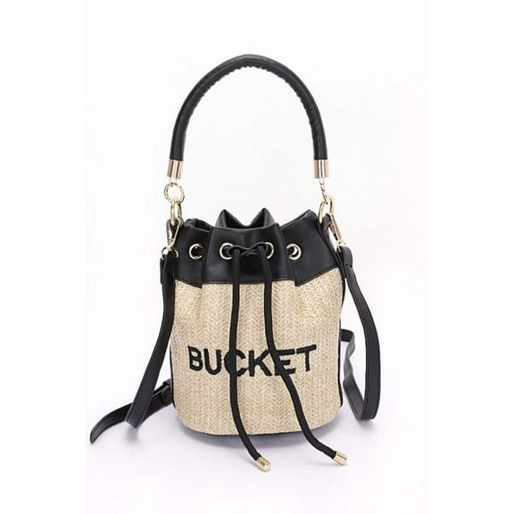Top Handle Faux Straw Bucket Bag