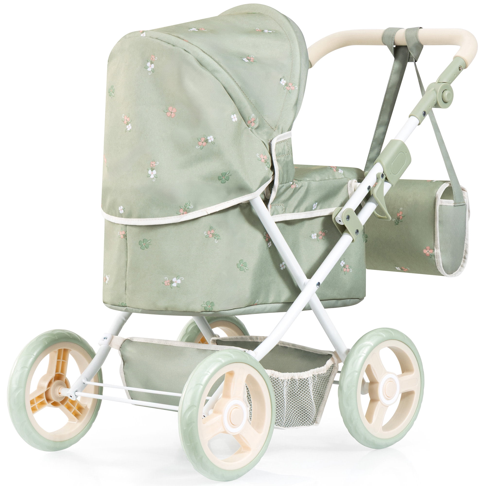 Bayer Design: Doll Pram Trendy - Green & Flowers - Play Push Stroller, Handbag, Adjustable Handle, Foldable, Toy Care Accessory Fits 18" Dolls, Kid 3+