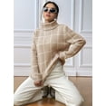 thumbnail image 4 of Women Fall High Neck Plaid Sweater Long Sleeve Loose Casual Chunky Checked Knit Winter Sweaters Jumper Tops Khaki S, 4 of 8