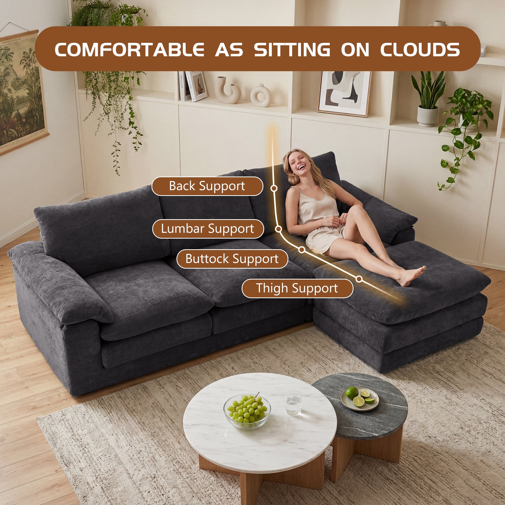 U Shape Cloud Sectional Sofa 100.4 Inch, Modular Couch with Movable Ottoman for Living Room Apartment, Black