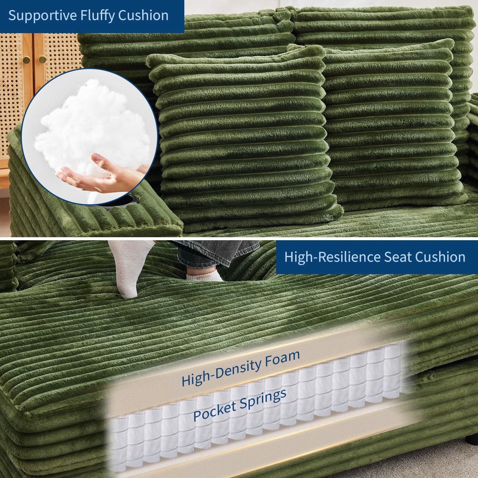Oversized Corduroy Chaise Lounge Chair with Cup Holder & USB Charging Port, 54" Wide Plush Sofa with High-Density Foam & Supportive Springs for Living Room