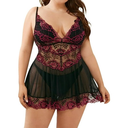 DYMADE Women Plus Lingerie Sleepwear Sexy Sheer Spaghetti Strap Lace Babydoll Nightdress Valentine s day Gift