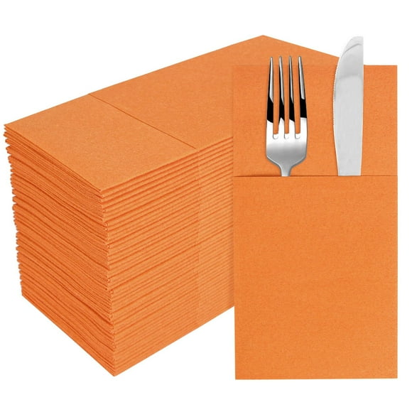 Nvzi 50 servilletas desechables con bolsa para cubiertos incorporada, preplegadas, ideales para la decoración de mesas en restaurantes, bodas y fiestas. Color naranja claro.