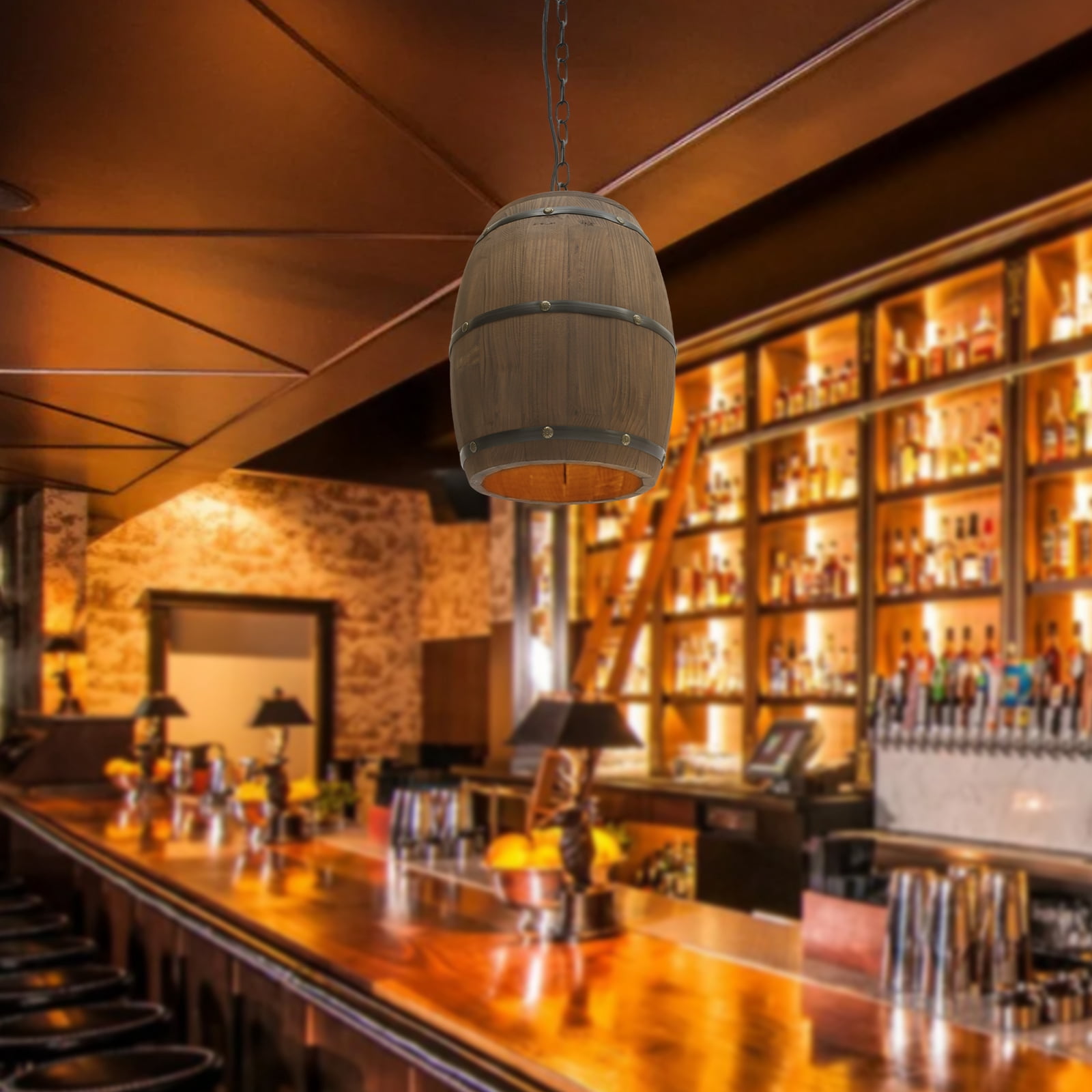Dwellnix Adjustable Whiskey Barrel Decor Pendant Light, Vintage Wine Barrel Chandelier for Kitchen Island, Living Room Decor