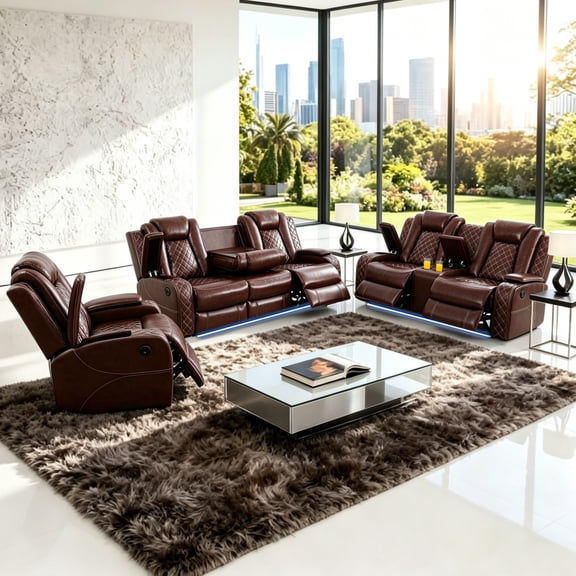 Gewnee Power Recliner Sectional Sofa Set with LED Light,Air Leather Reclining with Cup Holder, Wireless Charge, Storage Console for Living Room
