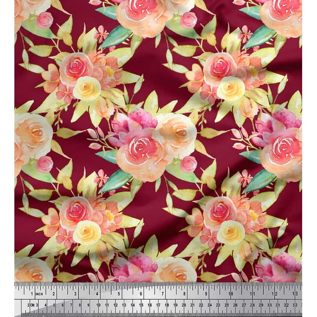Soimoi Red Cotton Poplin Fabric Leaves & Ranunculus Floral Print Fabric by the Yard 56 Inch Wide
