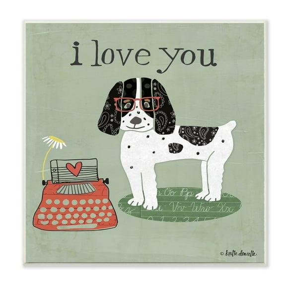 The Stupell Home Decor Collection I Love You Dog with Red Glasses and Typewriter Illustration Wall Plaque Art, 12 x 12