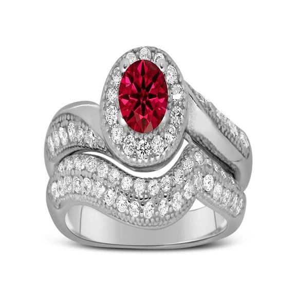Antique Designer 2 Carat Red Ruby and Diamond Bridal Ring Set for Her in White Gold