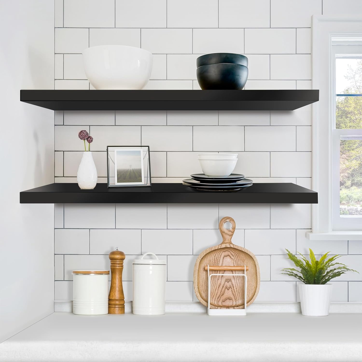 CHTER Floating Shelves for Wall - 35 Inch Long Bathroom Shelves, Wall Decor for Bedroom, Kitchen, Living Room & Book Storage - Mounted Floating Shelf with Invisible Brackets (Black, 2 Pack)