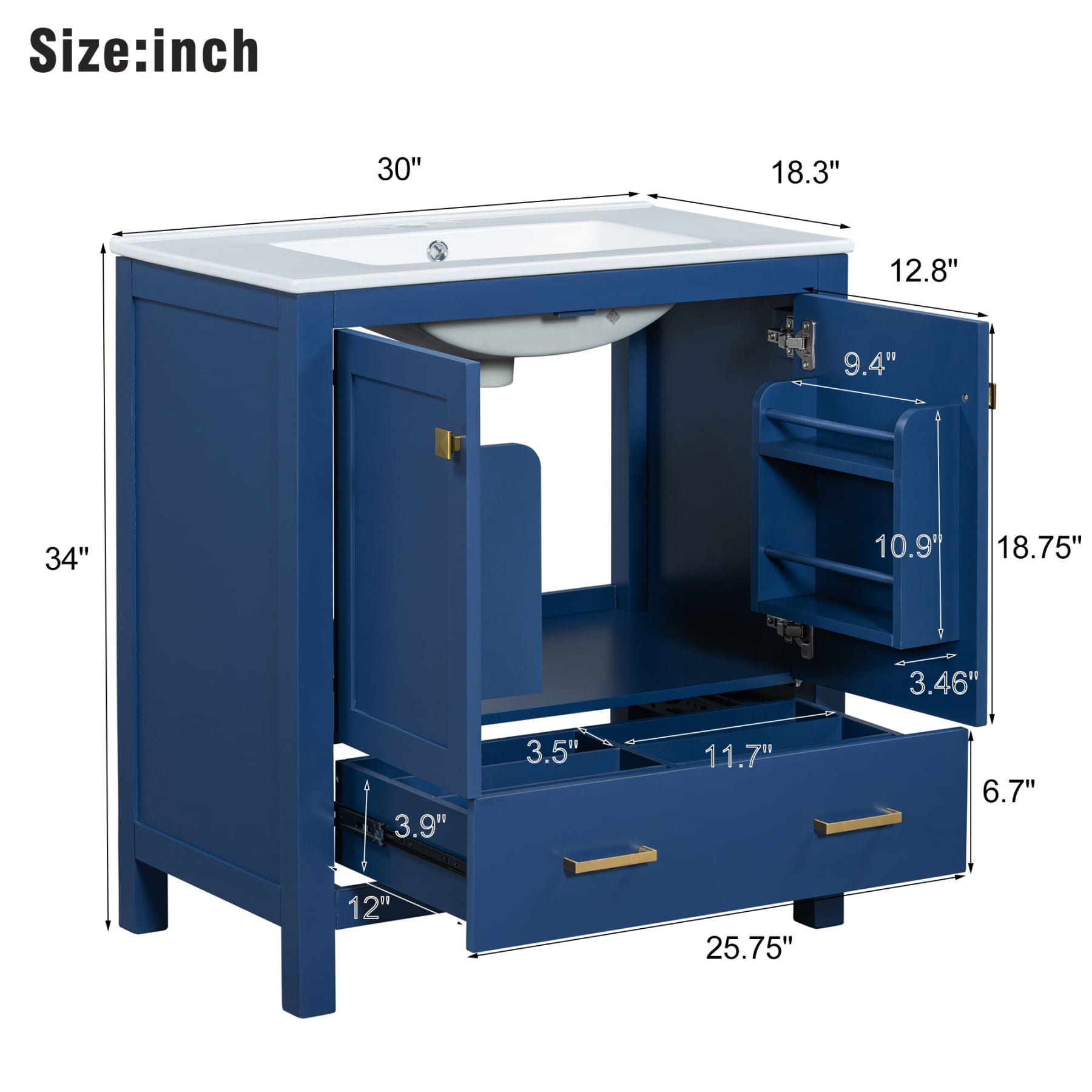 30" Bathroom Vanity with Single Sink,Combination Under Counter Sink,Bathroom Storage Cabinet with 2 Doors and a Drawer,Multifunctional Storage,Blue