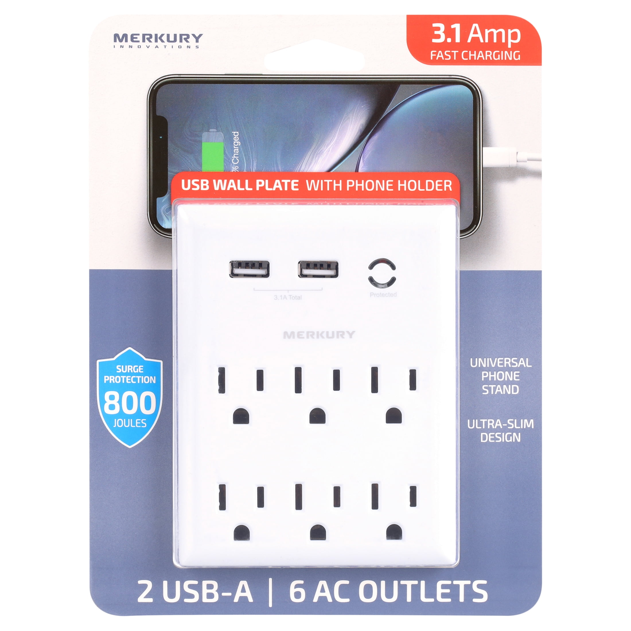 Merkury Innovations 3.1A USB Wall Charger 6-Outlet Extender with 2 USB Charging Ports and Phone Stand, White