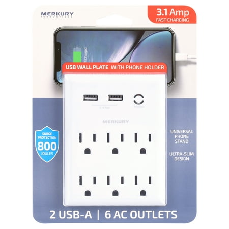 Merkury Innovations 3.1A USB Wall Charger 6-Outlet Extender with 2 USB Charging Ports and Phone Stand, White