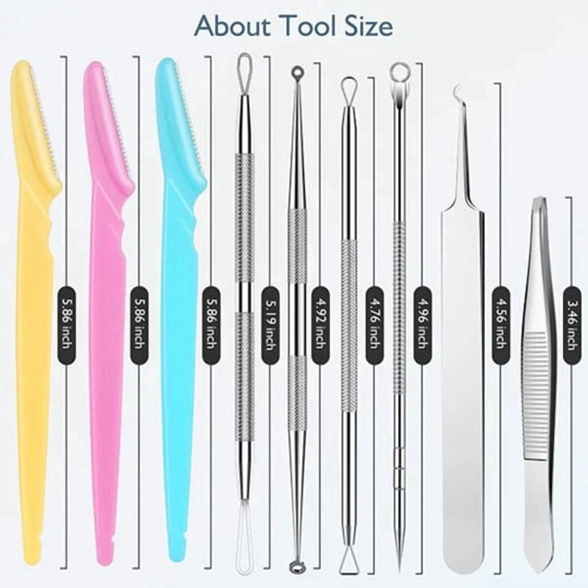 9-in-1 Blackhead Remover Tool Kit Stainless Steel Pimple Popper Set With Angled Tweezers Eyebrow Shavers Portable Case For Acne Blemishes Ingrown Hairs