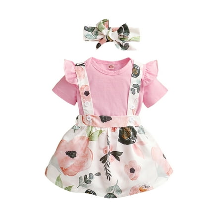 

Kids Set round neck short sleeve romper and suspender skirt and headband