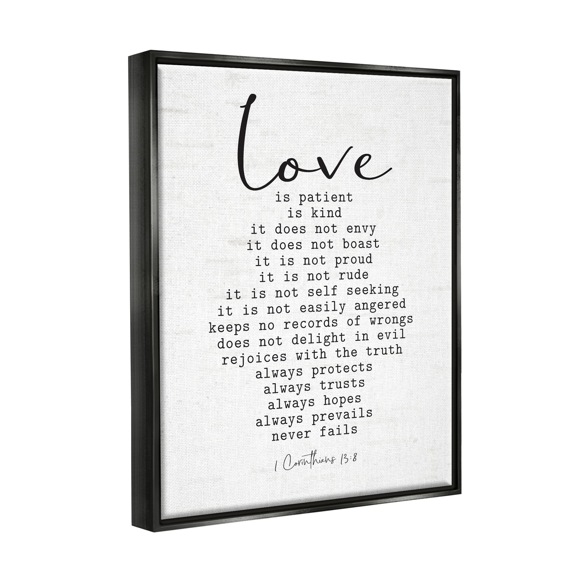 Stupell Industries Love Is... Spiritual Scripture Inspirational Religious Sentiment Graphic Art Jet Black Floating Framed Canvas Print Wall Art, Design by Lettered and Lined