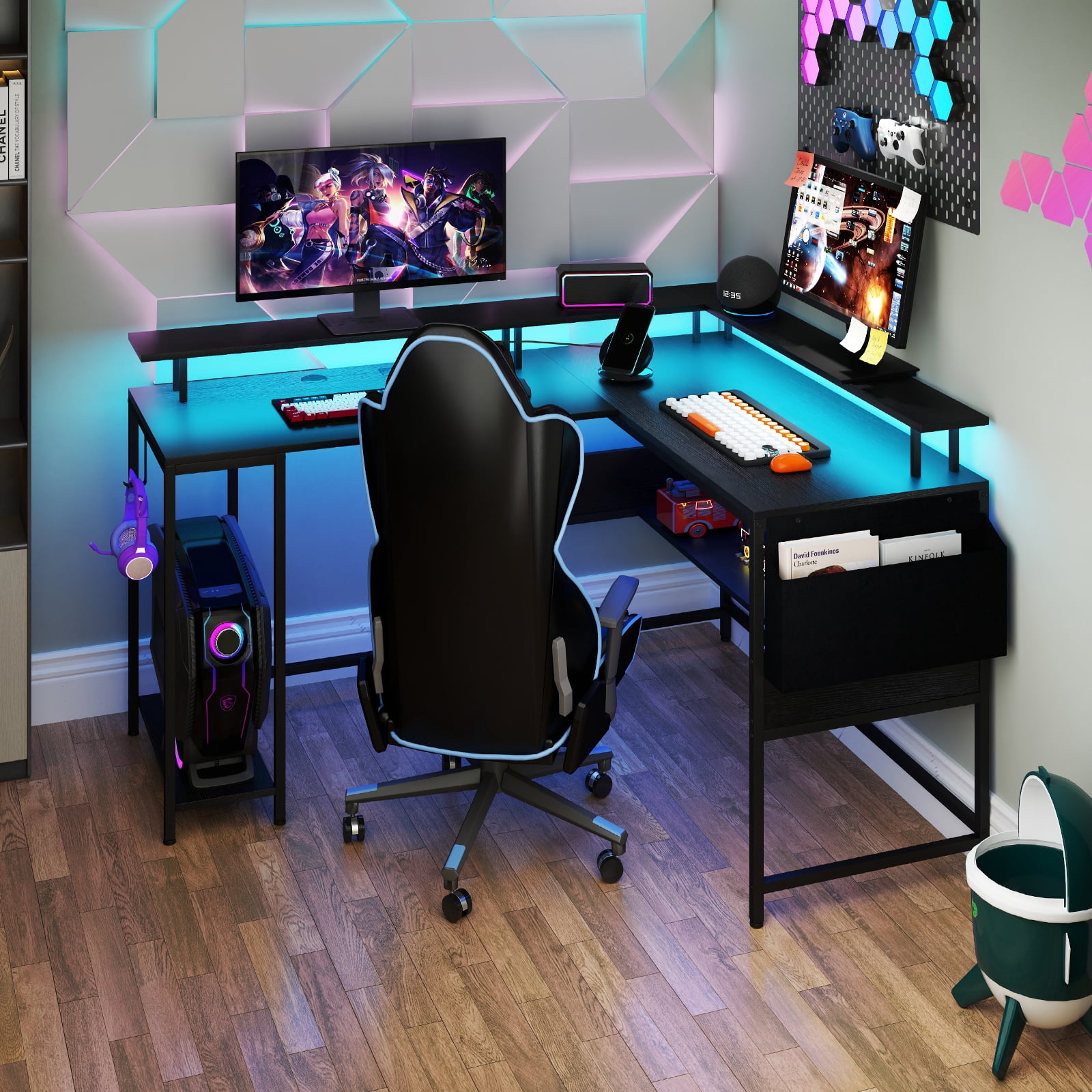 Gymax L-Shaped Gaming Desk w/ LED Lights & Power Outlets Monitor Stand Fabric Bag
